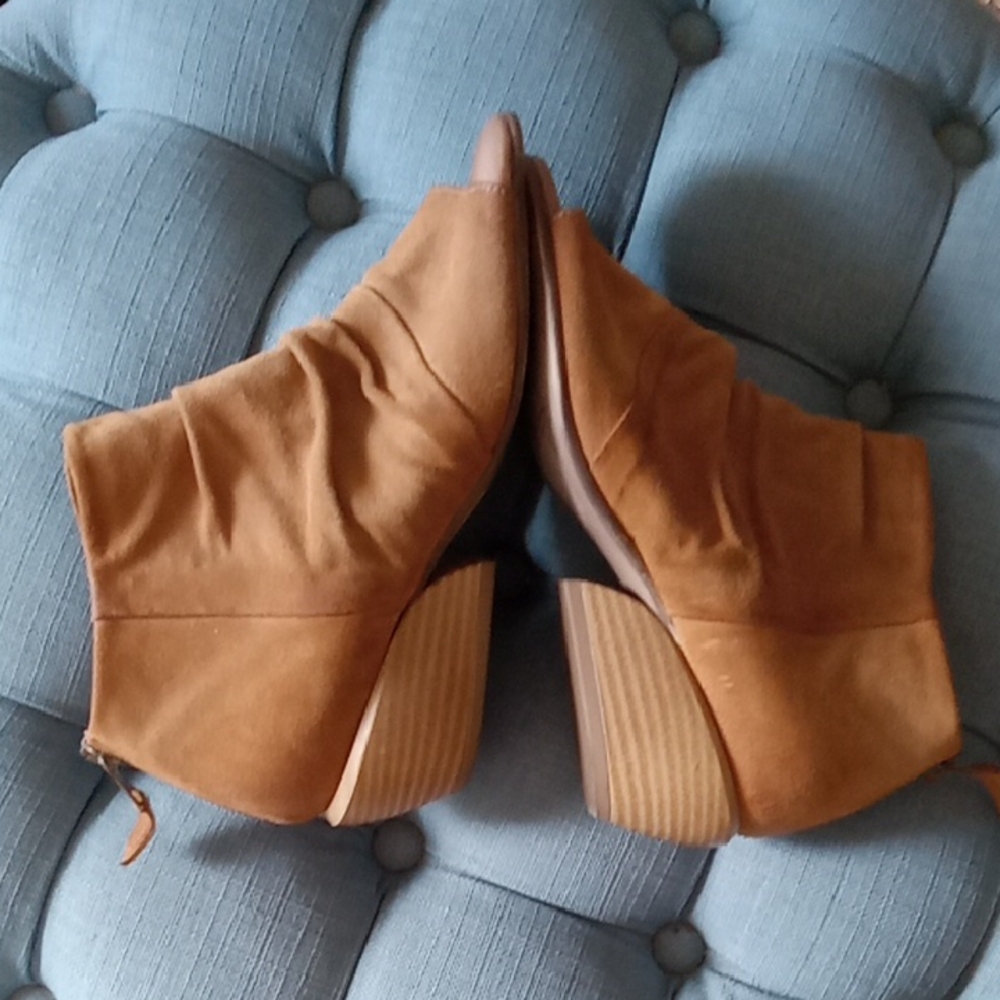 Miz Mooz Women's Suede Open Toe Ankle Booties in Cognac